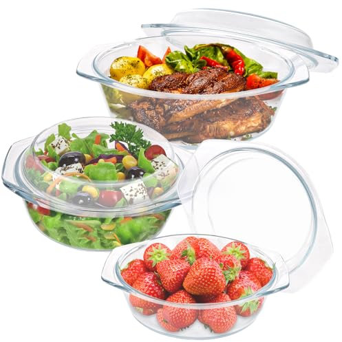 DAJAVE Lot de 3 plats à gratin ronds en verre avec couvercle 650/1000/1400 ml - Plat rond en verre avec couvercle et poignées - Plat à four avec couvercle pour salade de fruits, viande