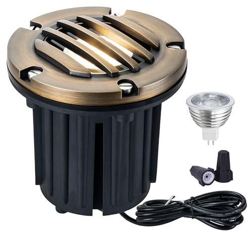 LumStory Brass Well Light Low Voltage Landscape Lighting 12V LED Landscape Lights, Outdoor In-Ground Light with 5W MR16 GU5.3 Bulb 3000K Warm White, for Path, Yard, Deck, Driveway, Garden (Grated Top)