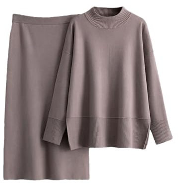 2-teiliges Strickset für Damen, Rundhalsausschnitt, langärmelig, Strickwaren, Pullover, Tops, geteilte Röcke, Outfit, helles kaffebraun, XL