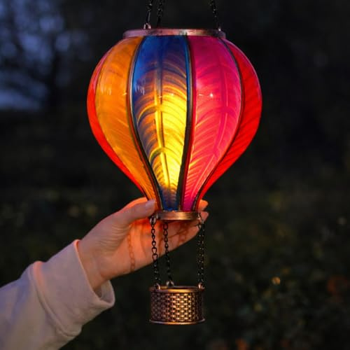 Festive Lights - 62cm Solar Power XL Rainbow Stain Cool Fiesta Realistische Flamme Outdoor Hängend LED SMD LED Hot Air Balloon Lantern - Bunte Glaseffekt Gartenlicht mit Griff