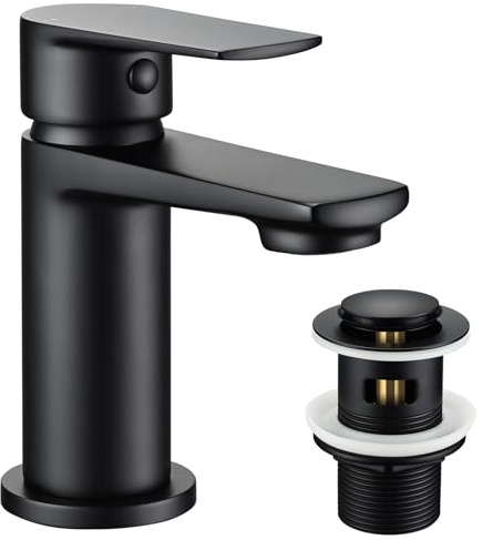 Black Bathroom Sink Taps Basin Mixer Tap with Pop Up Sink Plug, Modern Basin Taps Mono Single Lever Matte Black Bathroom Tap with Waste Drain