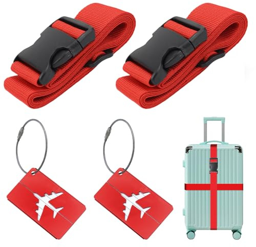 Correas para Maleta (2 Piezas), con 2 Etiqueta de Maleta, Correas de Equipaje Ajustables, para reconocer fácil el Equipaje, Bolsa de Viaje, 5 x 200cm, Rojo