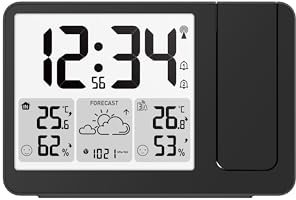Uzoli EM3539E Projektionsuhr mit Wetterstation, DCF Funkuhr, 180° drehbare Projektion, Temperatur, Feuchtigkeit, Wettervorsage, 2 Wecker, Komfortstufen, Projektionswecker mit 1 drahtloser Außensensor