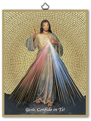 Fratelli Bonella | Quadro Sacro raffigurante Gesù Misericordioso su legno MDF di pioppo 8mm con Mosaico in lamina dorata formato 18x24 cm | Made in Italy