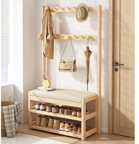 Schuhregalhocker, Garderobenbank aus Massivholz mit Schuhaufbewahrung, Flurbank mit Haken und Regalen, 2-stufige Aufbewahrung für Schlafzimmer und Flur