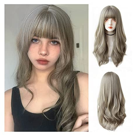 Gewellte Perücken, Lange graue Perücke mit Pony, Lange gewellte lockige Perücken für Frauen, natürlich aussehende synthetische Lolita-Cosplay-Perücke, hitzebeständige Per