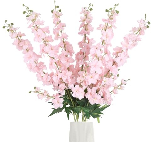 Rzoukler 6Pcs Pink Delphinium Artificial Flowers 37.4’’ Faux Silk Larkspur Flowers Long Stem Flowers for Floor Vase Table Centerpiece Home Wedding Party Garden Decoration(Pink)