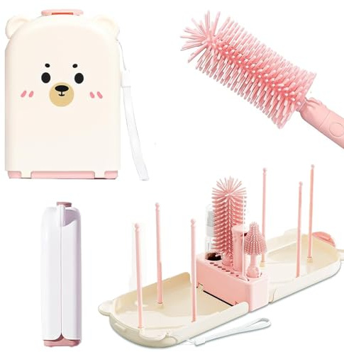 6 in 1 Baby Bottle Brush Set with Storage Drying Rack Holder Baby Travel Bottle Cleaner Kit for Cleaning Glasses Cup Water Bottles - KAMHBE (Pink)