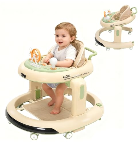 Baby gåstol, 3-i-1 baby walker höjdjusterbar, rullsäker gåvagn med tysta 360°-hjul, avtagbar matbricka, ljus och lekcenter från 9 till 18 månader (grön)