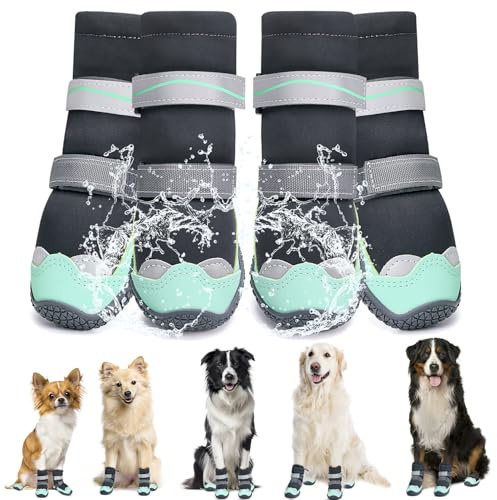 Eyein Hundeschuhe Pfotenschutz Wasserabweisend, hohem Design Hundeschuhe mit warmem Fleece und reflektierenden Riemen, rutschfeste Hunde Schuhe für Regen- und Schneewetter, Grün, Größe 8