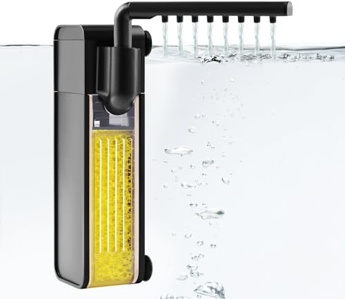 VILLNO 3W Innenfilter Aquarium, Leiser Aquarienfilter mit 250L/H Wasserpumpe, 3-in-1 Aquarium Filter für Klein Aquarien bis zu 40L, Leiser Filter mit Regenwasserauslass-System