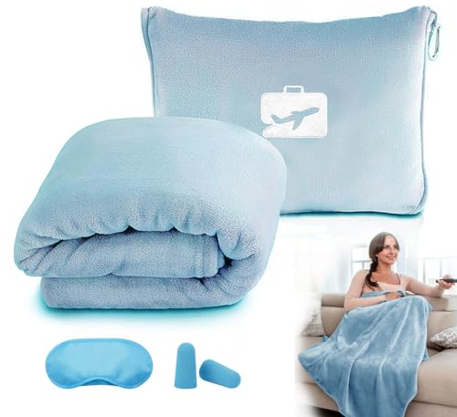 Megcdtr Travel Blanket and Pillow, Ultra Soft 2 in 1 Airplane Blanket with Eye Mask and Ear Plugs, Portable Travel Blanket with Pillowcase, Ideal for Long Flights Office and Trains (Blue)