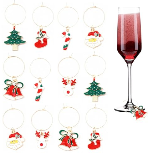BSITSSS 12 Stück Glasmarkierer, Glas Markierung Trinkgläser, Weihnachten Weinglas Charms Ringe Weinglas Anhänger für Party Wein Cocktail Champagner Dekoration