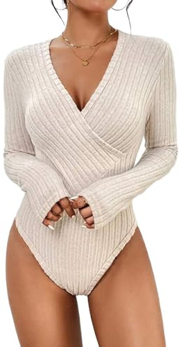 KKXXYQFC Long Sleeve Women's V Neck Bodysuit Ribbed Knitted Skinny Body Suit Top For Women Autumn Winter Outfits