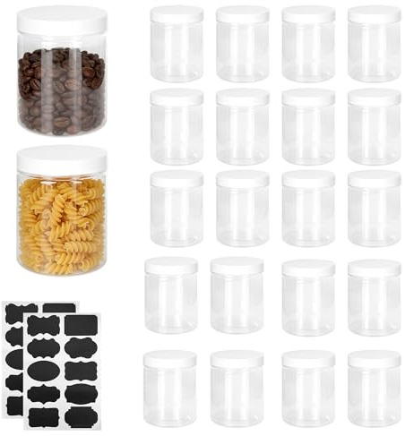 YKUKIZEE 20PCS Plastic Storage Jar with White Lid 250ml Empty Jam Container | Clear, Wide Mouth, Round, Empty, for Sweet,Spice, Food, Grain, Candy, Craft