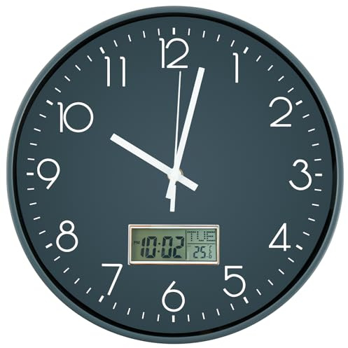 Toaboa Funkuhr mit Temperaturanzeige Wand 29.5cm Wanduhr Ohne Tickgeräusche Funkwanduhr Monat und Datum Anzeigen Küchenuhren Digitale Wanduhren für Wohnzimmer Schlafzimmer Klassenzimmer Büros (Grau)
