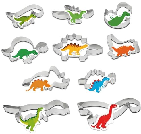 Dinosaur Cookie Cutters Set, 10 Pieces Trex Spinosaurus Brachiosaurus Triceratops Stainless Steel Biscuit Cutters Dino Shaped Food Grade Material Mould for Dinosaurs Party