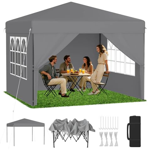 LZQ Premium pop-up paviljong 2,5 x 2,5 m med en knapptryckning, hopfällbar paviljong, trädgårdspaviljong, festtält, vikbart med 3-vägs höjdjustering 240–260 cm, fälltält med sidoväggar och bärväska
