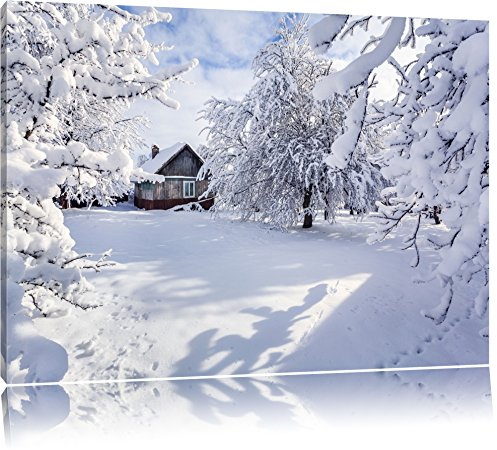 Pixxprint Winterlandschaft mit Hütte, Größe: 100x70cm, Leinwandbild, fertig gespannt, Wandbild, Dekoration, Kunstdruck, kein Poster