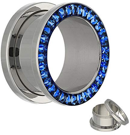 Treuheld - KRISTALL Flesh Tunnel in Silber - mit Dunkel-Blauen Kristallen - 13 Größen: 2-22mm - zum Schrauben - mit Kristallschutz! - Piercing Ohr Plug aus Chirurgenstahl 316L (Edel-Stahl)