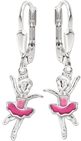 Clever Schmuck Pendientes de plata para niña de 28 mm, pequeña bailarina de 12 mm, lacado rosa y rosa brillante, plata de ley 925, para niños, en estuche rosa
