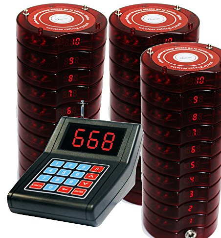 QMTWTFSS 30 Coaster Pagers+1 Keypad Queue Call Pager Restaurant Wireless Calling System Waiter Wireless Guest Paging System for Restaurant Church Food Truck Coffee Shop Office