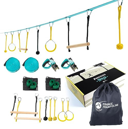 Parcours Ninja + Slackline – Hindernisparcours 2 Slacklinen + 7 Obstacles – Frankreich Trampolin
