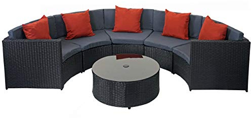 Mendler Garnitur HWC-E17 - schwarz, Polster dunkelgrau, Kissen Terracotta | Garten-Set, Sitzgruppe, rund, Poly-Rattan