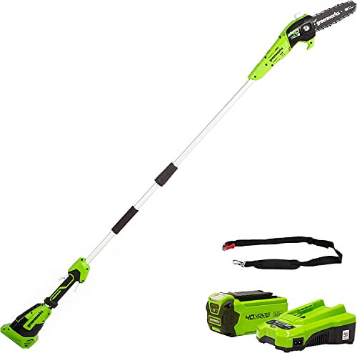Greenworks G40PSFK2 Cordless Pole Saw, 20cm Bar Length, 8m/s Chain Speed, 3.64kg, Auto-Oiler, 80ml Oil Tank, 2.58m Pole Reach, 40V 2Ah Battery & Charger, 3 Year Guarantee