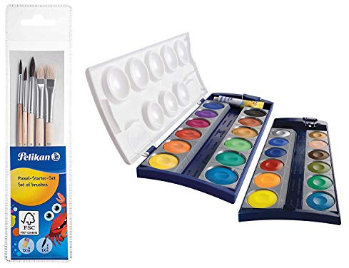 Pelikan 718163 - Pinsel Starterset (3 Haarpinsel, 2 Borstenpinsel) (Pinselset, 24 Farben Deckfarbkasten, 1)