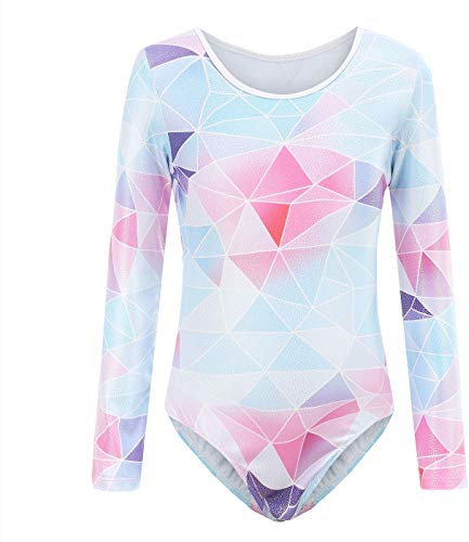 Happy Cherry Mädchen Ballettkleidung Gymnastik Tanzanzug Glänzend Weich Elastisch Trikot Ganzkörper Yoga Ballettanzug Steigung (Geometrie Langarm, 9-10 Jahre)