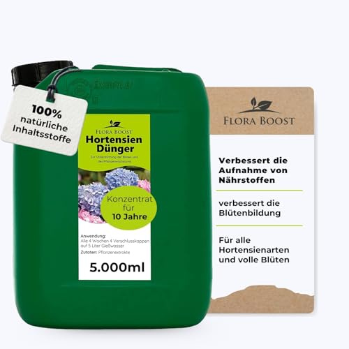 Flora Boost Hortensien Dünger 5L, Flüssigdünger | Für bis zu 1000L Gießwasser, Flüssiger Blatt- & Wurzeldünger für alle Hortensien Arten, 100% natürlicher Pflanzendünger