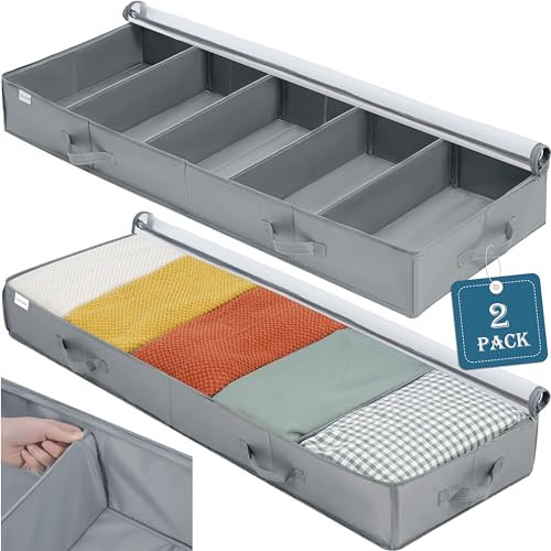 Unterbettkommode 2 Stück, groß Unterbett Aufbewahrungstasche, Faltbare Aufbewahrung Kleideraufbewahrung mit Abnehmbare Trennwand und Basisstütze, Organisator Lagerbehälter Für Decken Kleidung, Grau