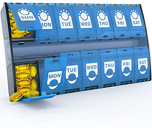 Tablettenbox 7 Tage Morgens Abends, Pillendose 7 Tage 2 Fächer, Medikamentenbox Große Fächer, Pillenbox 14 Tage Für Fischöle, Vitamine, Kapseln(Blau)