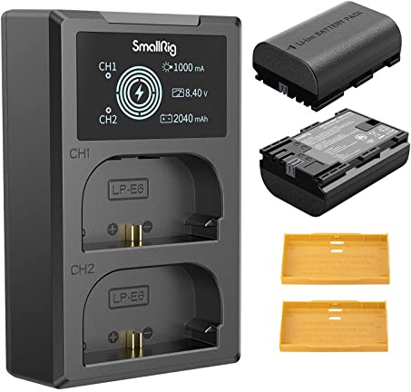 SMALLRIG Akku für LP-E6NH (2 Stück, 2040mAh Battery) & LCD Display Ladegerät, Ersatz Battery, Wiederaufladbarer Akku für Canon R5, R6, R, 5DII/III/IV, 6D, 6D II, 7D, 7D II, 60D, 70D, 80D - 3821