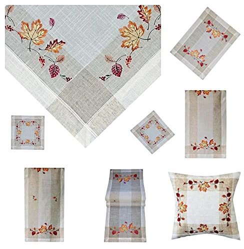 Tischdecke Mitteldecke Tischläufer Deckchen Kissenhülle Herbst 15% Leinen beige Bestickt mit Ahorn und Buchen Blättern ín herbstlichen Farben (34 x 70 cm)
