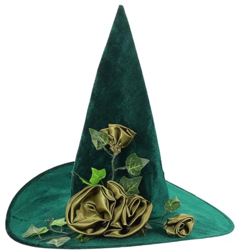 Grüner Hexenhut, Halloween Hexenhut Witch Hut Green Wizard Hut mit Rose Hexen Kostüm Accessoire Halloween Kleid Cosplay Festival Party Gunst Vorräte