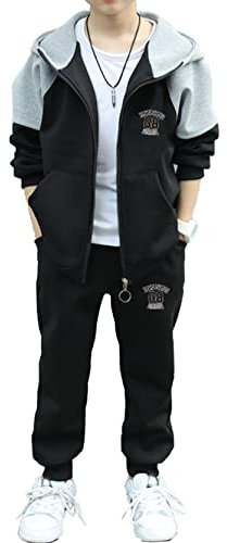 inlzdz Jungen Trainingsanzug Jogginganzug Kapuzenjacke Langarm Sweatjacke mit Reißverschluss Sweathose Jogginghose Sportkleidung Schwarz 146-152