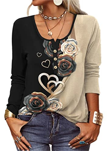 GRMLRPT T-Shirt col V Blouses à Manches Longues pour Femmes Imprimé Tunique Tops Lâche Chemisier T-Shirts pour Femmes Sweat-Shirt Tuniques Basiques Haut Automne(Noir,XL)