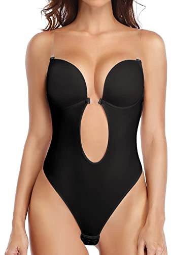 Joyshaper Femme Body Dos Nu Invisible Push Up Body Sculptant Sans Couture Body Shaper String Sous-Vêtement Avec Bandoulière Transparente Pour Fête Mariage, Noir, XXL