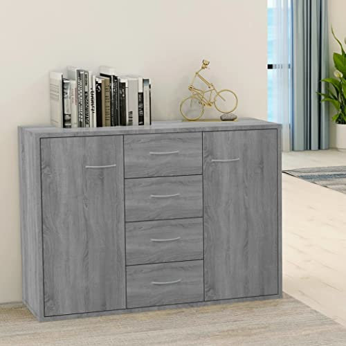 FIRBNUS 88x30x65 cm Beistellschrank mit 4 Schubladen und 2 Türen Schubladenschrank Lowboard Lagerschrank Kommode Grau Sonoma Sideboard Wohnzimmer TV Schrank Aufbewahrungskommode Holzwerkstoff