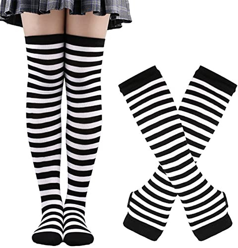 Thajaling dam randiga knästrumpor, overknee strumpor, dam thigh highs fingerlösa handskar knähöga strumpor set, randiga långa strumpor hål vantar, Svart/vit, one size