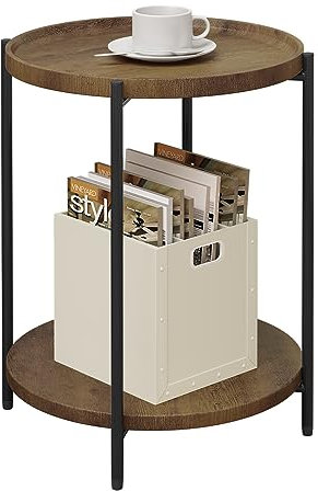 WOLTU Couchtisch rund, Beistelltisch mit 2 Ablagen, Wohnzimmertisch mit Abnehmbarer Tischplatte, Nachttisch Sofatisch Telefontisch für Wohnzimmer, aus MDF Metall, Vintage-Holzmaserung, BTS06hov