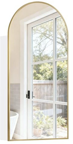 Mepplzian Arch Bathroom Mirror Cabinet with Storage,Metal Framed Bathroom Cabinets with Mirror,Brushed Gold Mirrored Cabinets,Arched Mirror Cabinet Wall Mounted,40 x 80 cm
