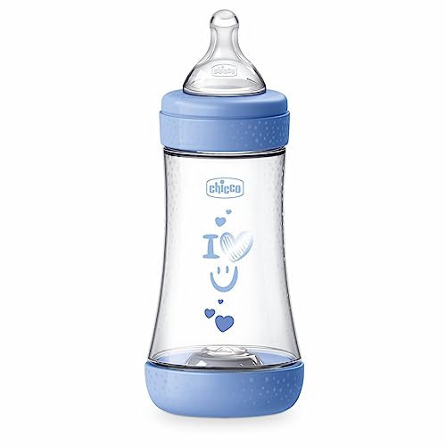Chicco PERFECT 5 Biberon Anticolica 240 ml, Biberon Flusso Medio 2 Mesi + con Tettarella in Morbido Silicone, Biberon Biofunzionale con Intui-flow System da 240 ml, Blu