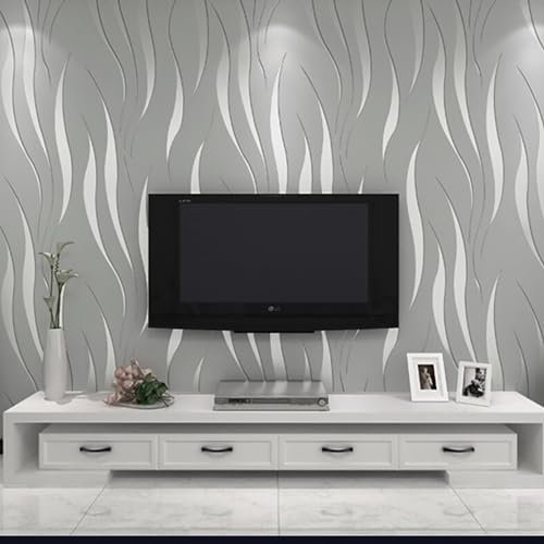 Trafagala Embossed Wallpaper Non-Woven Wave Stripes Roll 3D Embossed Wave Wallpaper Silver Glitter Wallpaper Feature Stripe Modern Geometric Patterned Taupe for Livingroom Bedroom Kitchen, Grey