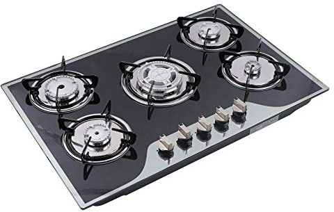 panfudongk Fornello a gas | Piano cottura a gas a 5 fuochi | Fornello da incasso | Stufa a gas in vetro | Accensione automatica | Convertibile | Facile da pulire