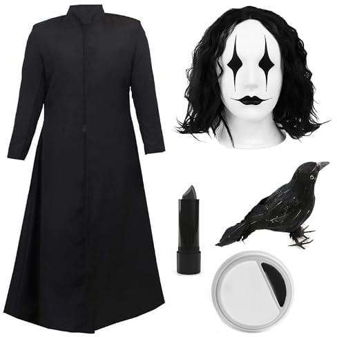 Costume da corvo per adulti, standard, lungo spolverino nero, parrucca ondulata nera, puntello corvo, rossetto e pittura per il viso, perfetto per travestimenti da personaggio cinematografico e feste