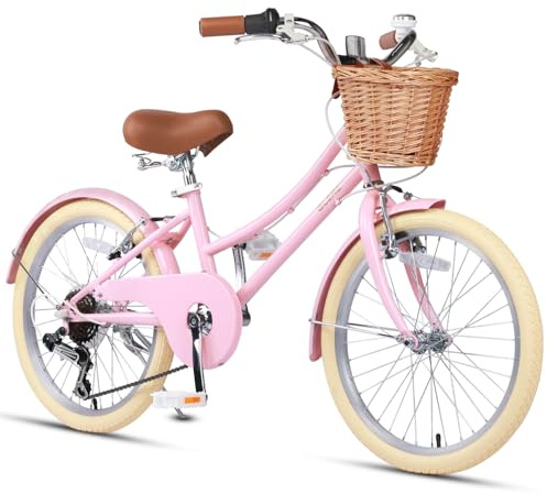 Glerc Missy 20 inch Girl Cruiser Kids Bike 6-Speed Teen Hybrid City Bicycle for Youth Ages 6 7 8 9 10 11 12 Years Old with Wicker Basket & Lightweight, Pink