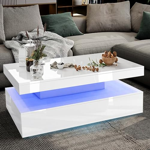 Coffee Table for Living Room White High Gloss Coffee Tables Sofa Side Table Wooden Centre Tea Table with LED RGB Lights 2 Drawer Storage Rectangle Coffee End Table for Home Office Furniture